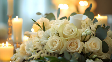 Obraz premium Elegant white floral arrangement with glowing candles, soft bokeh background, perfect for weddings, celebrations, and elegant events.