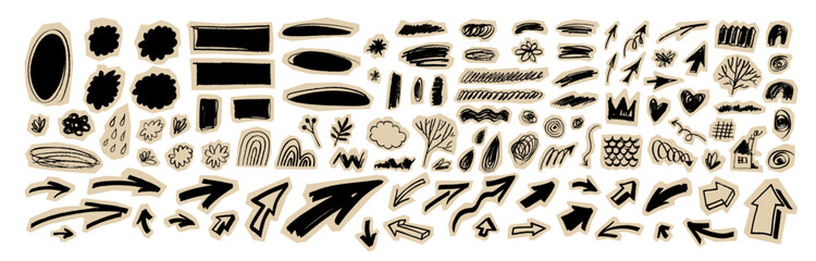 Fototapeta na wymiar Scrapbook doodle sticker set. Vector handdrawn arrows, hearts, stars, and clouds. Cute paper collage elements. Scribbled shapes, cutouts, and abstract fun journal elements. Handmade grunge texture bg