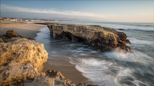 bedrock. Ocean waves crashing against coastal bedrock, eroding stone into sand in a powerful seascape. ESG reports, sustainability campaigns, designed for environmental awareness campaigns.