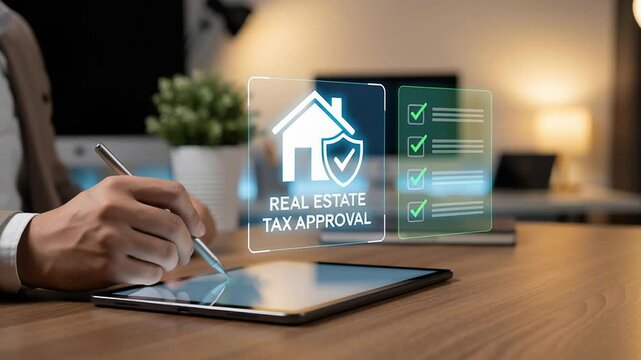 Real estate tax approval process with contract compliance checklist on digital tablet for property transaction and tax compliance in real estate business transaction process