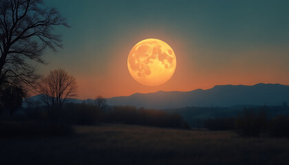 A tranquil and picturesque landscape, presumably at sunset or sunrise. A large, shining moon is clearly visible in the sky, casting a soft golden light.