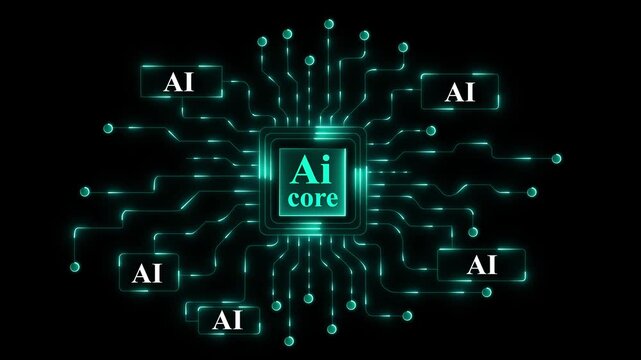 Futuristic glowing neon circuit board background with artificial ai core ip connect, digital technology network, abstract high design, blue light lines and luminous connection 4k animation video,.