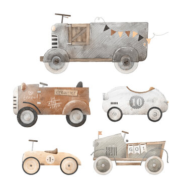 Collection of vintage children's cars. Watercolor illustration. Toy retro cars. Can be used for kid posters or cards.