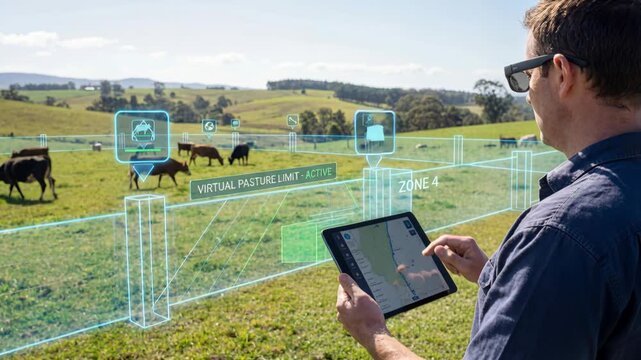 Virtual fencing gps livestock boundary virtual pasture limit grazing maps showing rolling pasture control tablet monitoring herd and boundary limits