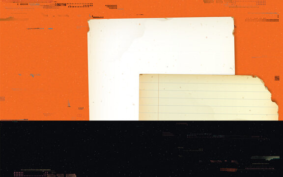 Old blank paper overlap with vintage foolscap on orange and black background with ink stains from risograph defect printing