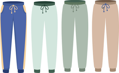Four pairs of colorful drawstring pants with different shades and standing upright blue beige green © Hey world