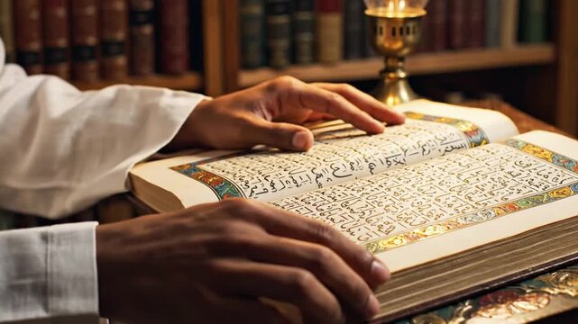 A person in traditional attire reading an ancient, ornate book with Arabic script