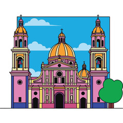 Fototapeta premium Colorful cathedral building architecture with ornate domes and bell towers under blue sky