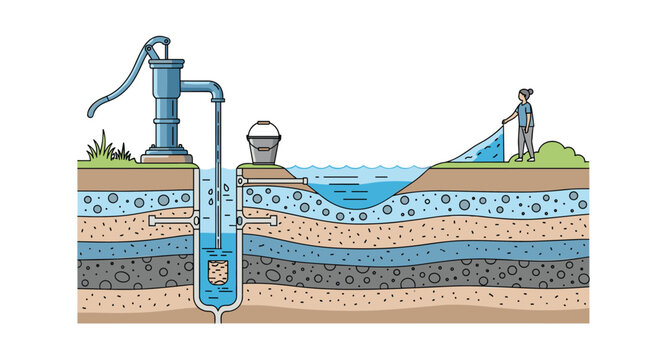 Educational diagram explaining the groundwater cycle with a hand pump, a deep well, and a woman collecting water from a small blue pond nearby.