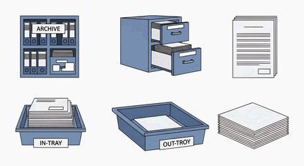 Comprehensive collection of illustrations depicting essential office supplies and systems for efficient document organization and administrative management