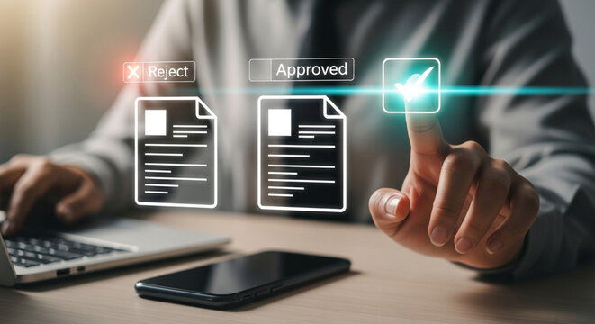 Businessman approves document with modern digital interface