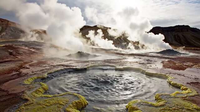 Bubbling mud pots and steaming vents create a dramatic geothermal landscape