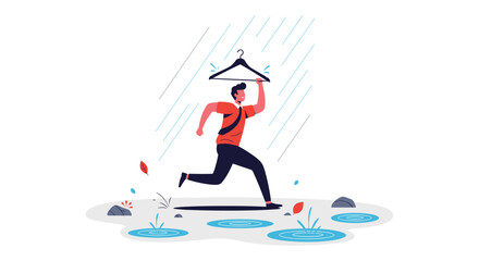 Fototapeta premium Business professional running through rain puddles while using a coat hanger as a makeshift umbrella for shelter.