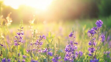 Fototapeta premium Lavender Field at Sunset: A field of vibrant lavender flowers basks in the warm glow of the setting sun, evoking feelings of serenity and natural beauty. 