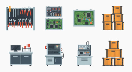 Fototapeta premium Comprehensive collection of electronics components, advanced laboratory testing equipment, diverse hand tools, and industrial storage units for modern technology and engineering workshops