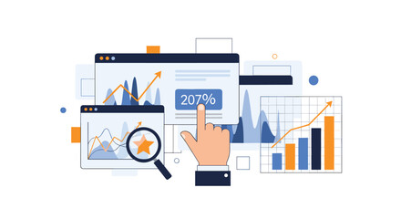 Fototapeta premium Complex financial dashboard showing various graphs, charts, and a large percentage increase being pointed at by a human hand.