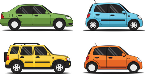 Obraz premium Car Side View Set Compact Sedan Hatchback and SUV Vehicle Collection Flat Vector Illustration