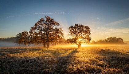 Fototapeta premium Oak Trees In Meadow At Sunrise In Autumn Sunbeams Breaking Through Morning Fog