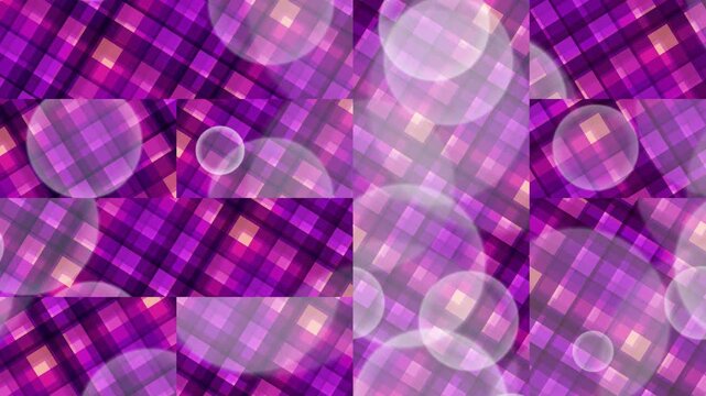 Vibrant purple plaid pattern with translucent bubbles floating on a textured background