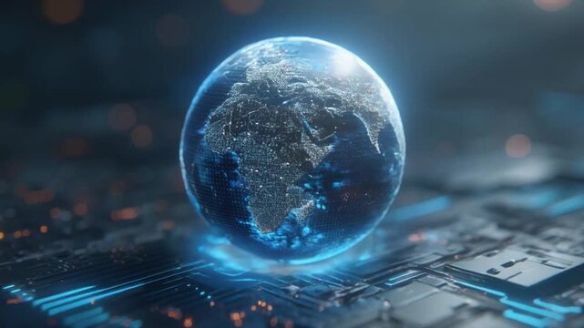 Abstract digital globe floating above circuit board with glowing effects