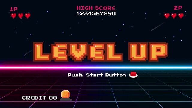LEVEL UP. press start button. pixel art .8 bit game. retro video game. for game assets.