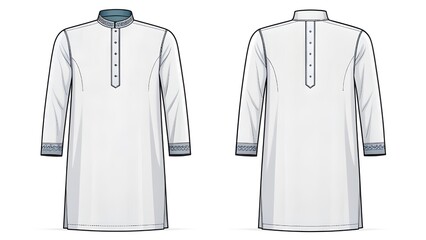 Naklejka premium Front and back mockup of a white high-collar long-sleeve shirt with dark blue collar accents and button details, line drawing illustration for design