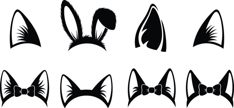 Animal Ears Silhouette Set Cute Headband Accessories Bunny and Cat Ear Collection Black Vector Illustration