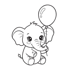 Obraz premium Kawaii Baby Elephant Holding Balloon Coloring Page