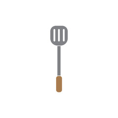 Flat vector illustration of a stainless steel slotted spatula with wooden handle, isolated on white. Kitchen utensil icon.