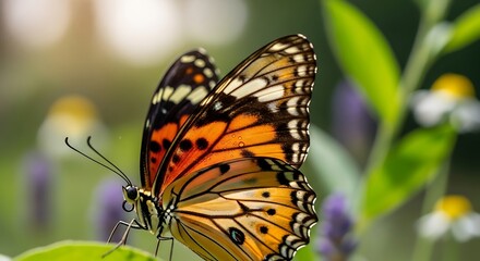 Naklejka premium Monarch butterfly on green leaf closeup.