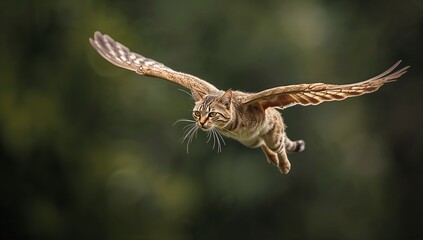 The winged cat soars through the forest with majestic wings spread wide.