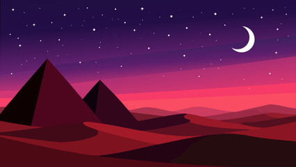 Obraz premium A minimalist landscape featuring pyramids silhouetted against a starry night sky.