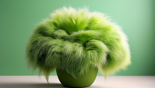Bright Green Plant In Pot Covered In Soft Fuzzy Fur Unique Blend Of Nature And Fantasy