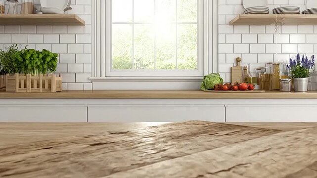 Empty rustic wooden kitchen counter with bright window background
