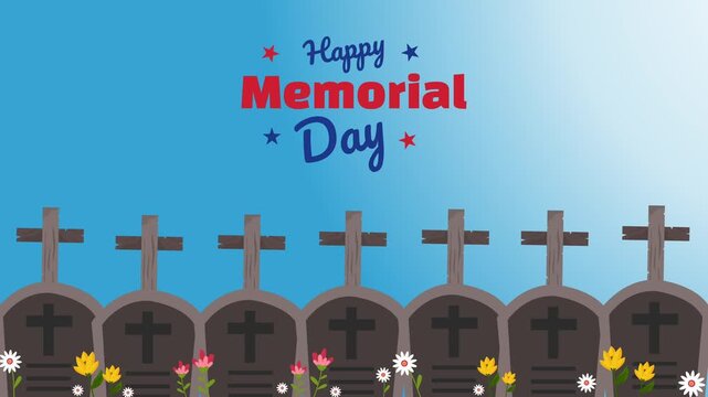 row of identical grave stones with memorial day text on blue