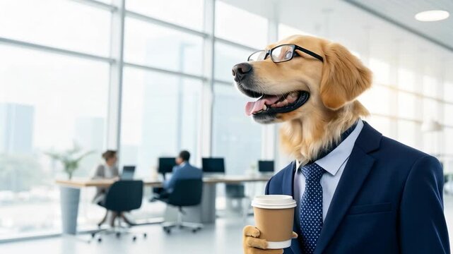 Golden retriever dog office business suit tie coffee funny corporate canine pet glasses