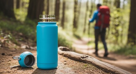Turquoise Water Bottle on Forest Floor with Hiker in Background
