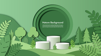 Minimalist green paper art with podium and natural elements display. © Mansura