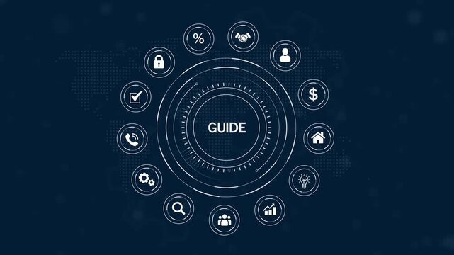 Digital guide concept with circular interface displaying business and map background in dark blue tones Keywords: guide, business, strategy, planning