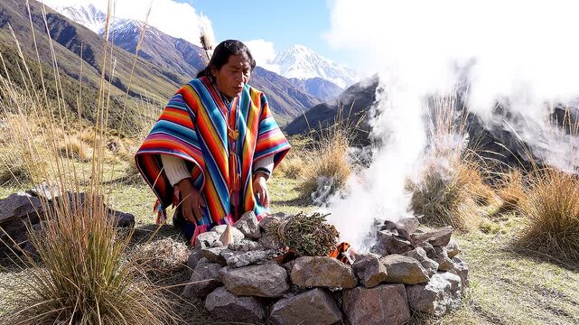 Woman cooking outdoors in mountains.
