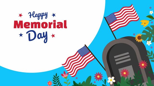 happy memorial day text with american flags and grave under blue sky