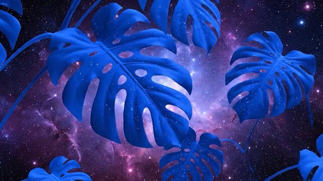 Surreal composition blue monstera leaves floating against a starry galactic nebula backdrop