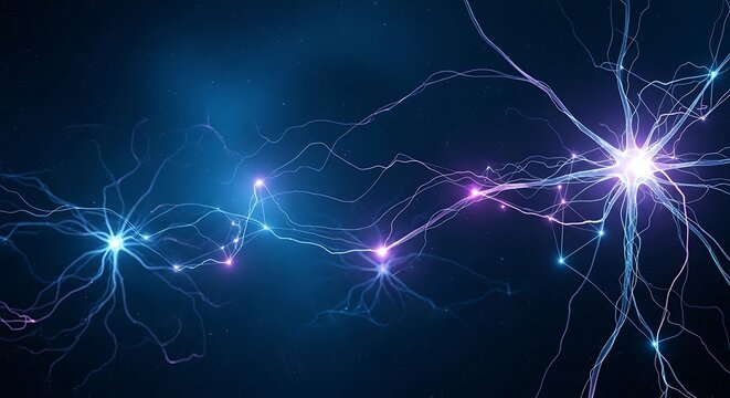 Deep blue digital neurons with glowing synapses and connecting fiber optic lines for artificial neural networks tech