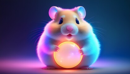 Cute Pastel Hamster Holding Glowing Orb Round Chubby Rodent With Neon Rim Soft Gradient Fur Playful Expression Rosy Cheeks Cartoon