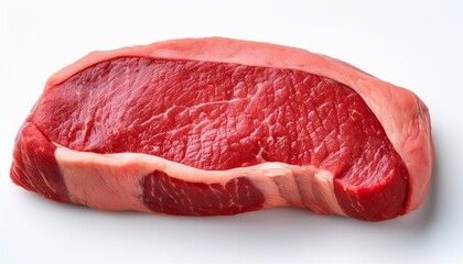 Single Raw Beef Steak Cut With Visible Muscle Fibers And Fat Edges Horizontal Orientation Isolated On White Background