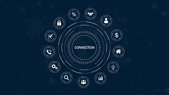 Digital infographic circle diagram with central word CONECTION surrounded by white for business and networking on a dark blue background with map