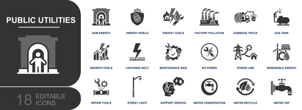 Public utilities icon set. Containing energy, power line, renewable, street light, gas tank, garbage truck, water tap, recycle, conservation and more. Solid vector icons collection.