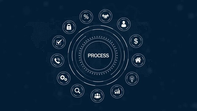 Conceptual circular infographic illustrating business process management with interconnected and a global map backdrop on a dark blue background