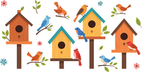 Colorful Birdhouses with Cute Garden Birds and Spring Flowers Nature Vector Illustration Collection © Sumon Creative