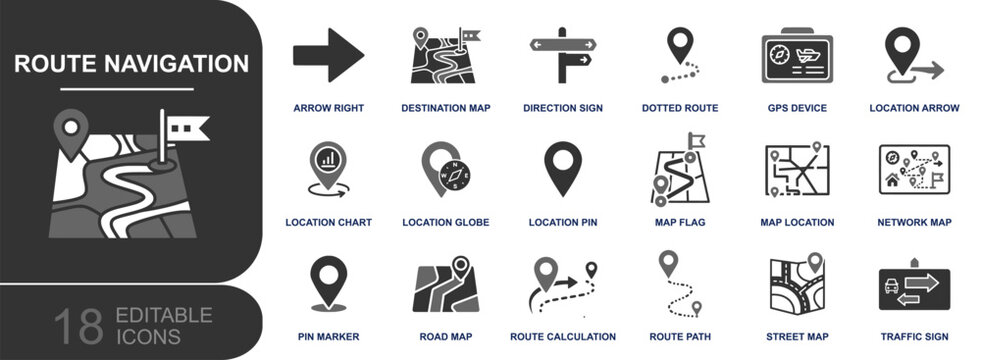 Route navigation icon set. Containing GPS device, location pin, destination map, direction sign, route path, road map, traffic sign, dotted route and more. Solid vector icons collection.